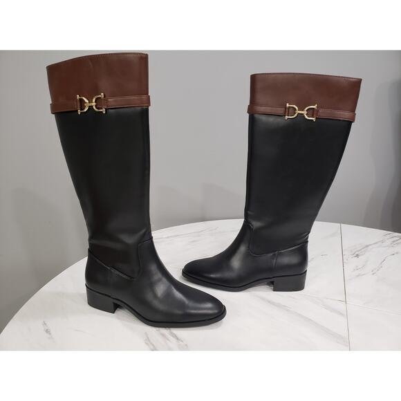NEW SIZE 7.5 Liz Claiborne Riding Boot Knee High Heel Black Brown Gold Old Money - Picture 1 of 7